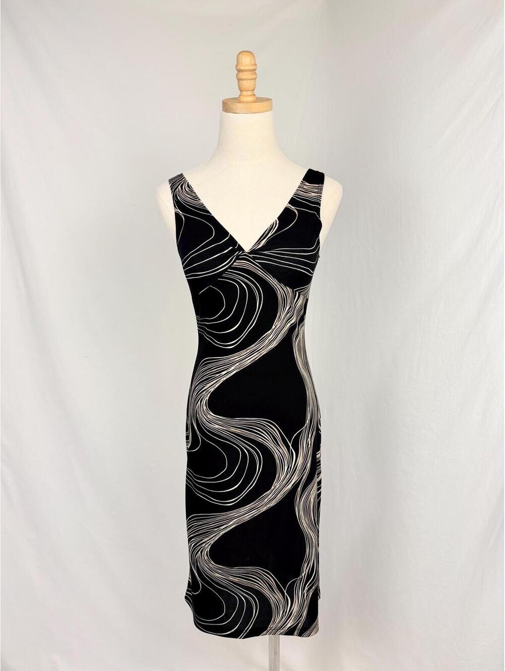 Vintage 90s Black Abstract Cream Swirl Stretch Midi Dress XS Small